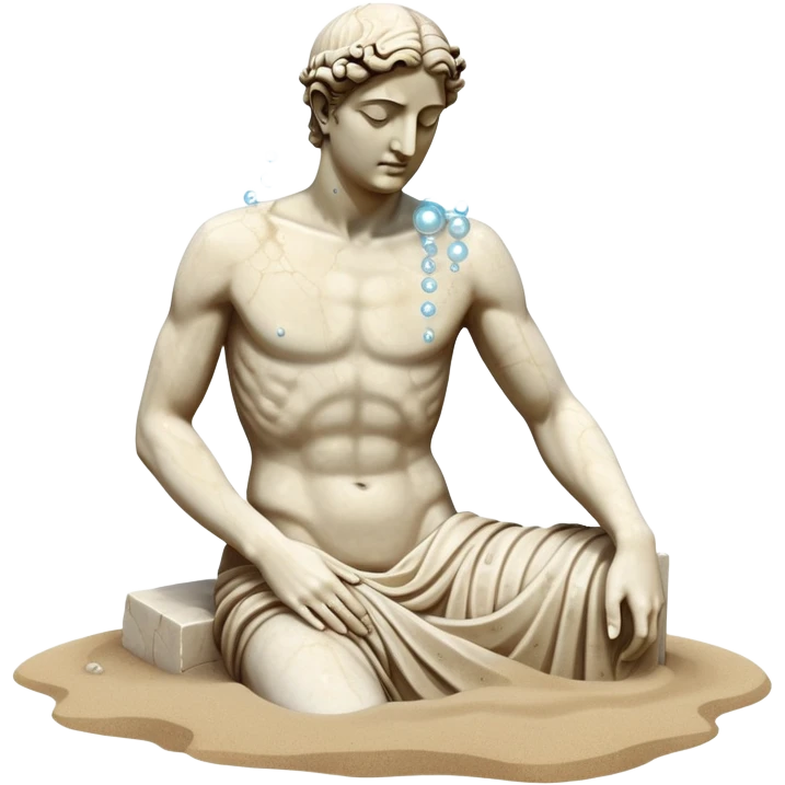 Sunken ancient Greek statue partially buried in sand, underwater with bubbles, partial head and torso of classical statue emoji