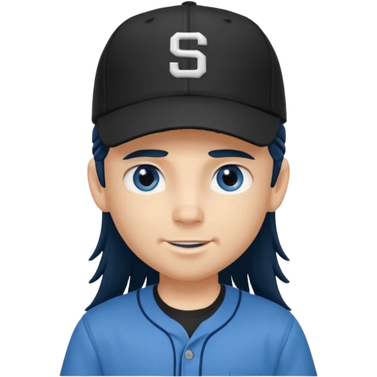 generate a pretty bratz boy wearing a dark blue button up shirt, long black mullet hair. Matching blue baseball cap on head. smirking emoji