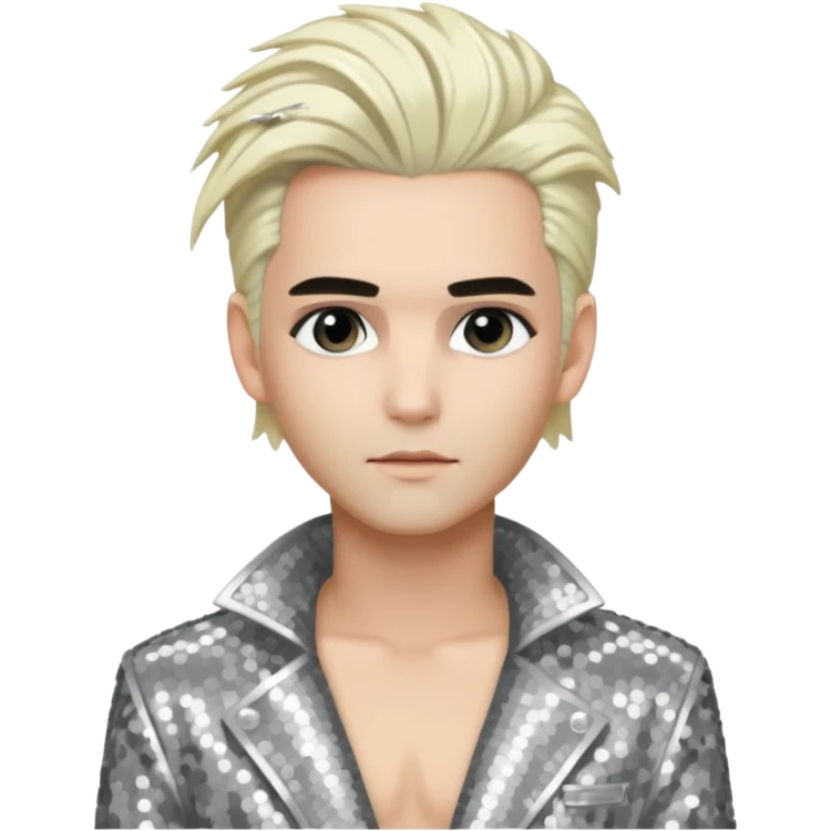 Bill Kaulitz with platinum blonde hair, silver sequin outfit  emoji
