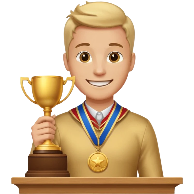 winner ceremony with one guy standing in a winner's podium and having a medal around his neck and holding a trophy emoji