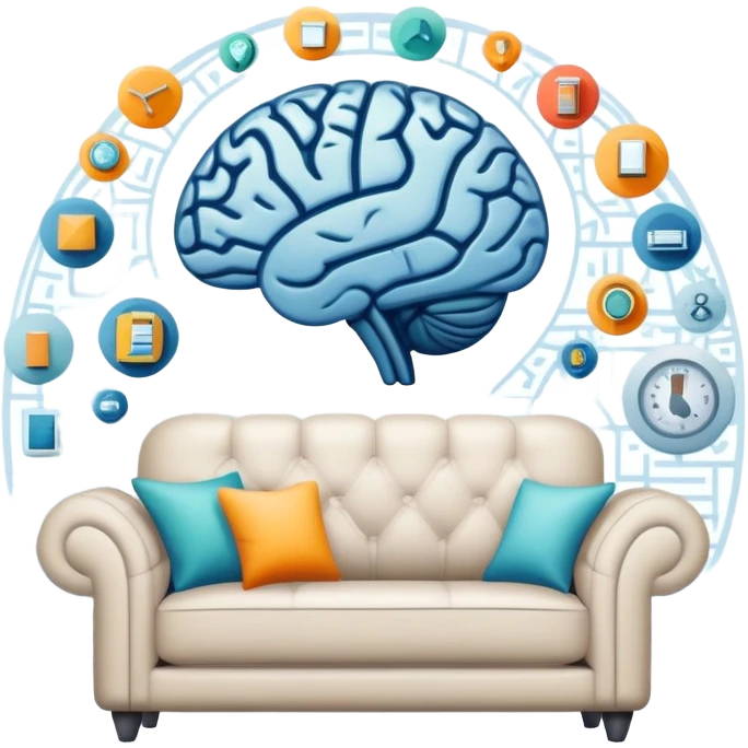 An icon featuring a brain, a couch, and a psychological test, symbolizing the study of psychology. The design includes abstract patterns representing the mind, with a calm, therapeutic setting in the background. Transparent background highlights the exploration of human behavior and mental health. emoji