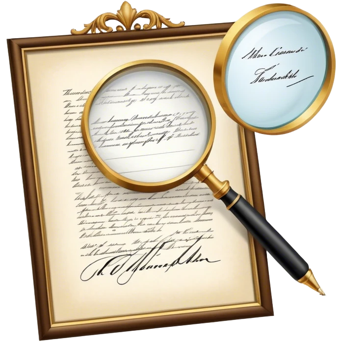 Icon for Autograph Collecting: a signed piece of paper or book page with a famous signature, surrounded by a magnifying glass, and a collection of several framed autographs. Transparent background. emoji