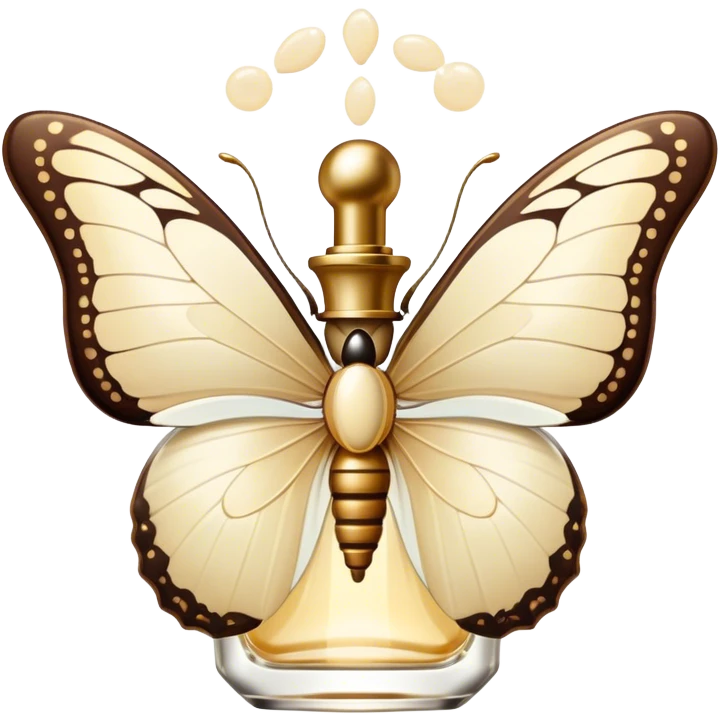 A delicate butterfly with wings in ivory and beige, and a flacon of vintage-style cream aesthetic perfume emoji