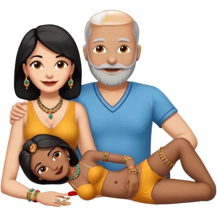 A balding man in his 60s with a grey beard lying on the thighs of a woman in her 40s with dark black hair parted in indian woman style wearing a beads chain  with the cleavage of the woman visible in both must be blissfully smiling emoji