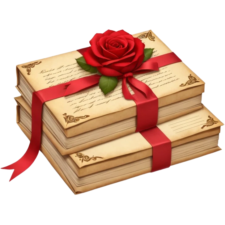 A beautifully arranged Stack of aged letters, tied with a red ribbon, envelopes, corespondence, aesthetic, red petals around emoji