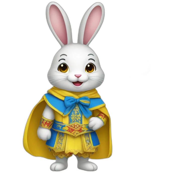 the rabbit is dressed in a costume in the color of the Ukrainian flag and smiles emoji