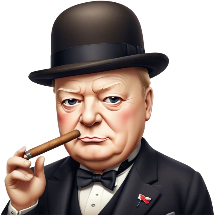 Cinematic Realistic Winston Churchill Portrait Emoji, depicted as a resolute British statesman with a signature bowler hat and a cigar, exuding determined leadership and wartime valor, rendered with lifelike textures and dramatic vintage lighting that captures his iconic British spirit. emoji