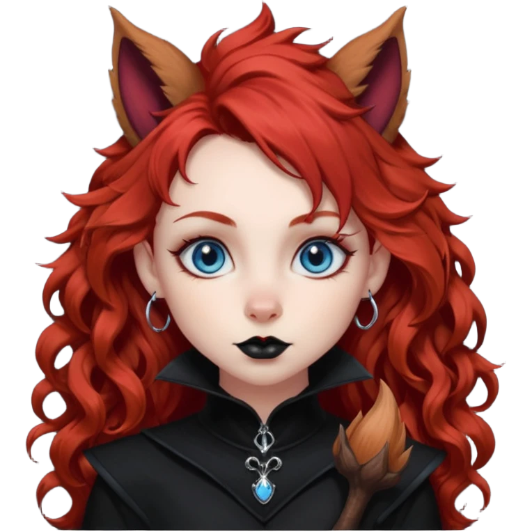 long curly red hair (darker), red pointed ears with black trim, black goth outfits, body and face human, blue eyes, more pointy chin, black lipstick, one big fluffy red squirrel tail with black tips, like the attached photo with more outfits and poses,  emoji