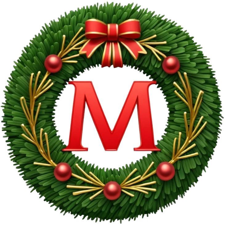 3D emoii of the iconic Moscow Metro "M" logo, reimagined as a Christmas wreath. Made of green pine needles, decorated with small red ornaments and glowing golden LED emoji