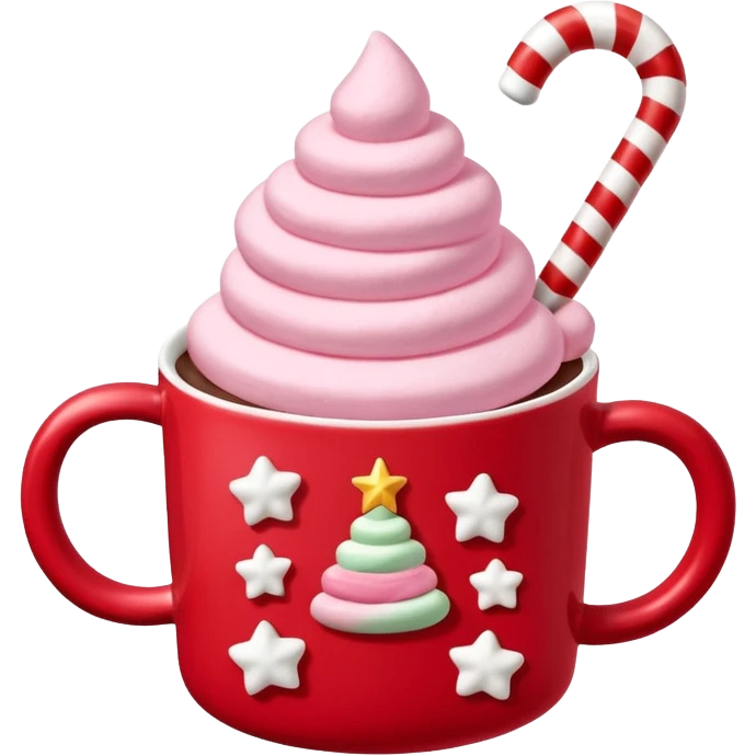 hot chocolate with pastel pink marshmallows in red christmas mug with stars and candy cane, trendy aesthetic emoji