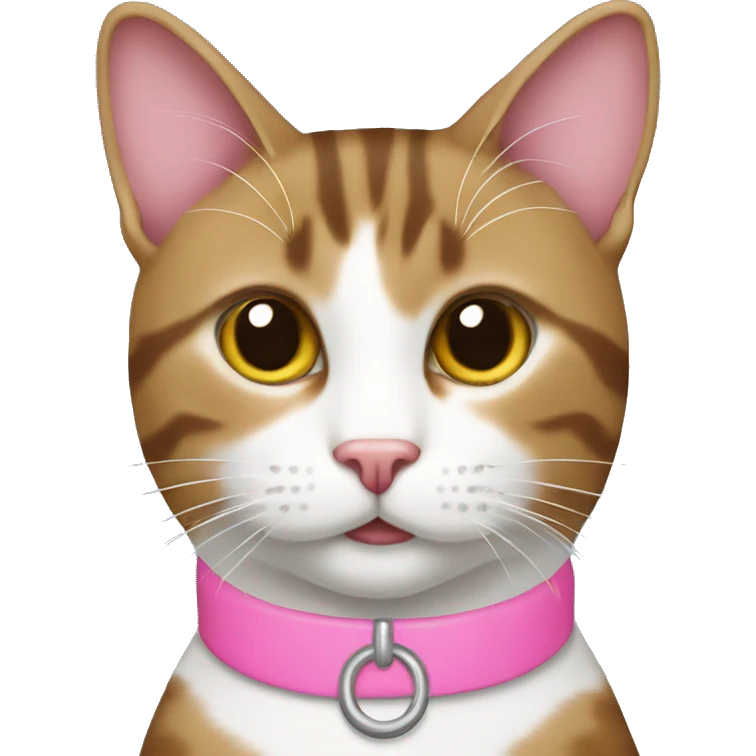 Brown and white tabby cat with pink collar emoji
