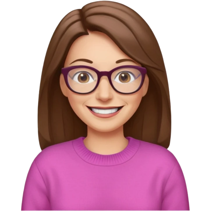 50 yr Caucasian woman, long brown hair parted on side, brown eyes, glasses,big smile, white teeth, pink sweater emoji