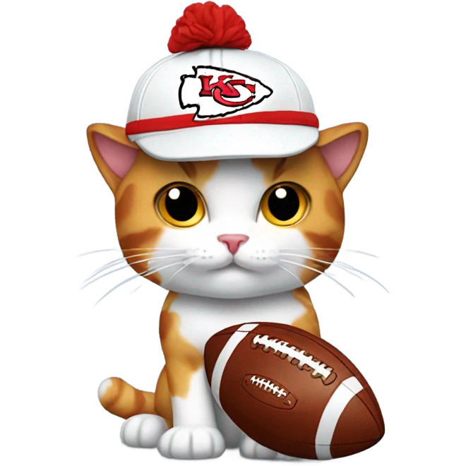 Calico cat holding a football wearing a chiefs hat emoji