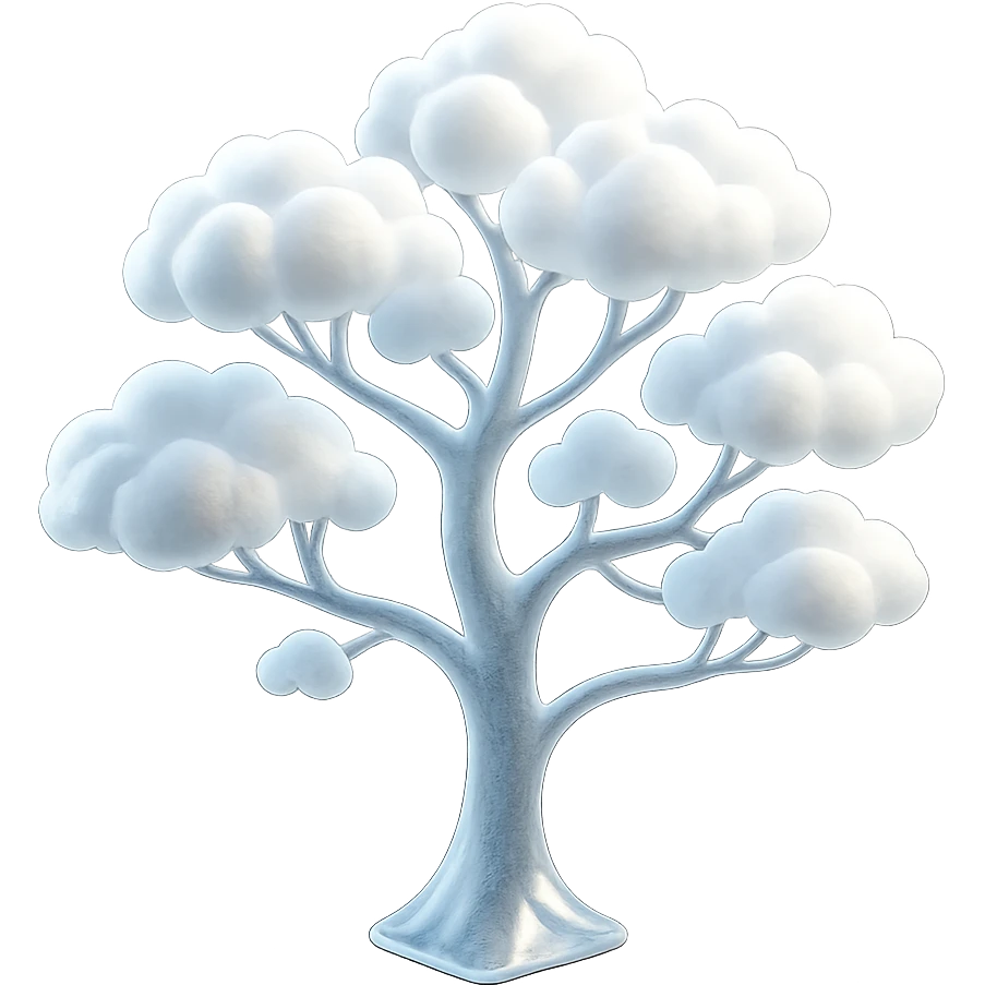 one tree with many branches and a white trunk, crown made of small very bright white fluffy convex clouds, matte glass style emoji