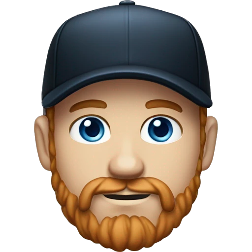 35 years old, male, short curly red hair, black baseball hat, blue eyes, pale complexion, thick beard and thin mustache emoji