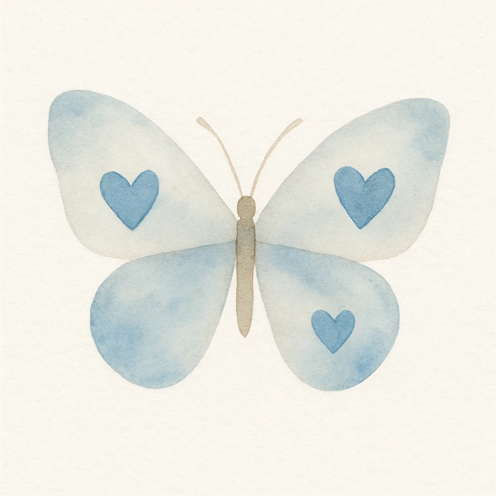 blue butterfly with blue hearts on its wings, watercolor art style emoji