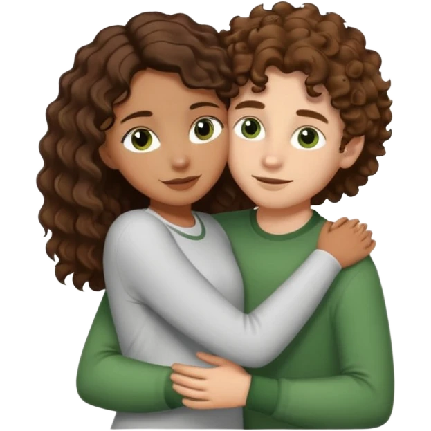 light brown skinned girl with long and dark brown wavy hair and brown eyes hugging and being loving with white boy with light brown and very curly short hair and green eyes  emoji