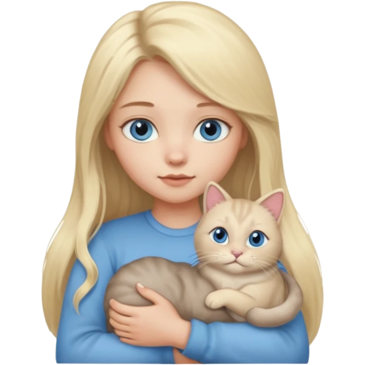 blonde girl with long blonde hair and blue eyes with chubby gray cat emoji