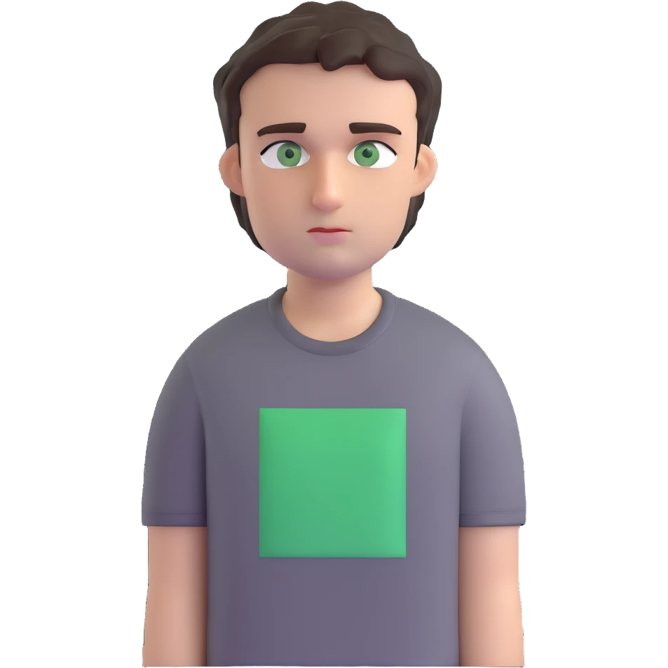 man with dark messy short hair, dark green eyes, wearing a gray t-shirt emoji