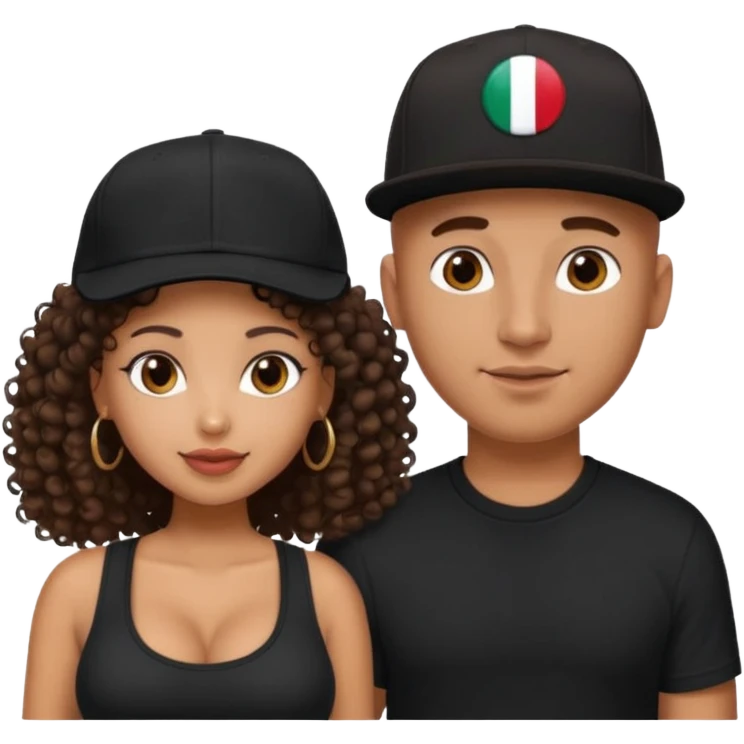 A picture of a loving tanned couple. the guy is Mexican, with a bald hair cut and he has a SnapBack hat on. The girl is mixed, the girl is wearing a black shirt, the girl has brown curly big hair and the girl has big boobs  emoji