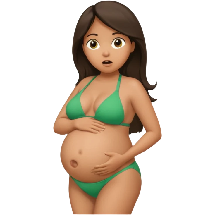 Latina girl, tan skin, pregnant, green bikini, shocked face, huge belly, side view emoji