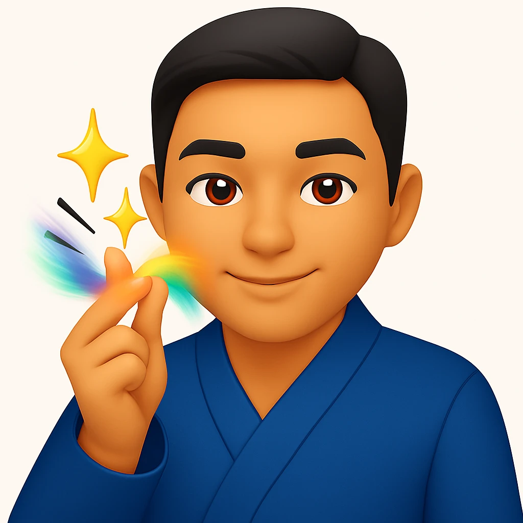 Add colorful motion blur to the finger snap action, keeping the blue blazer jacket and emoji style. emoji