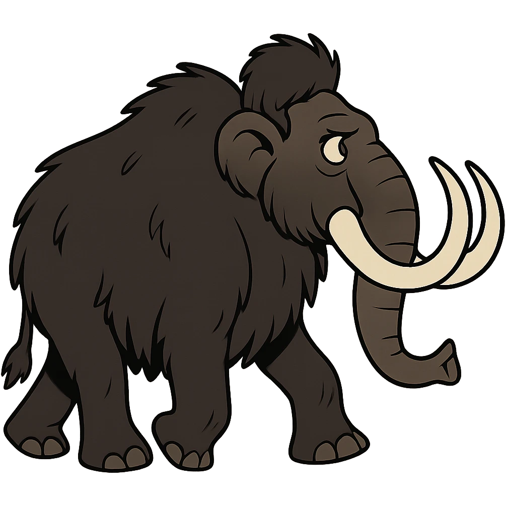 profile side view of a wooly mammoth with black fur and white tusks, walking, cartoon style, no background emoji