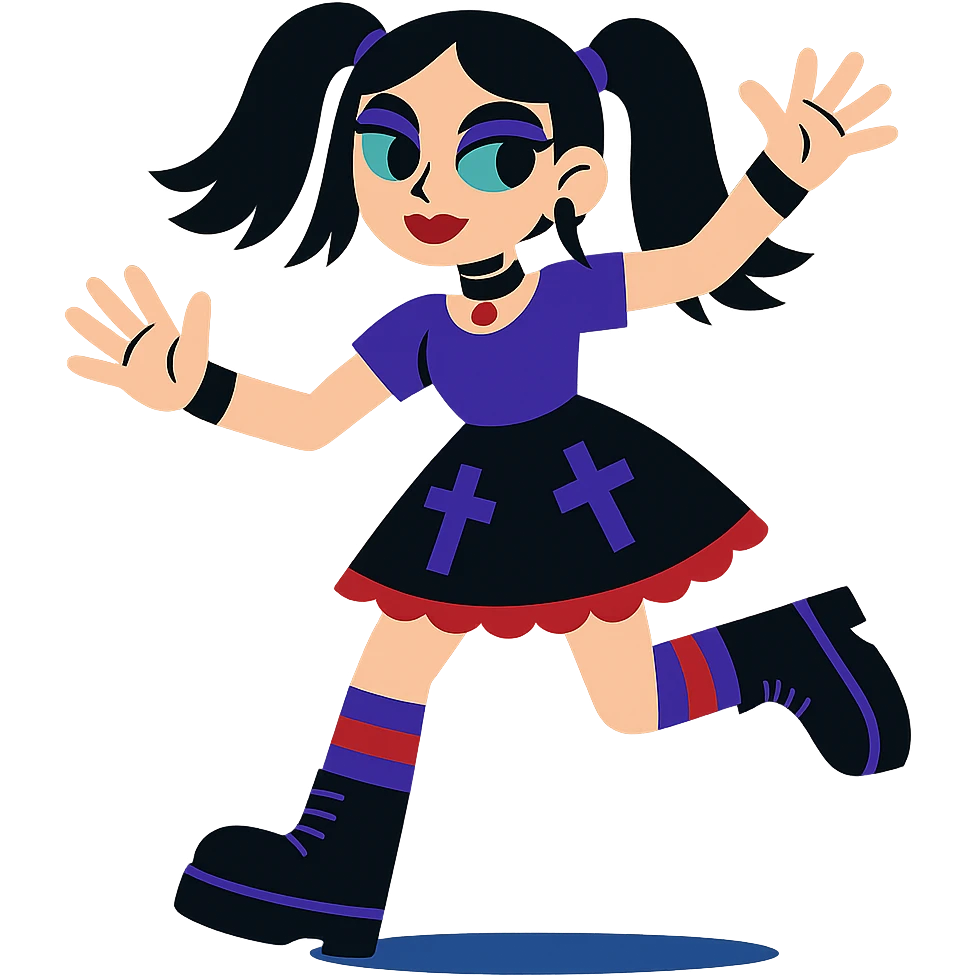 gothic girl, bold colors, playful gothic fashion, dynamic pose, vibrant toon style emoji