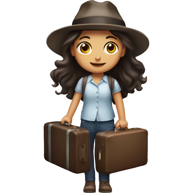 long dark hair brown eyed girl flight  holding suitcase with hat  emoji