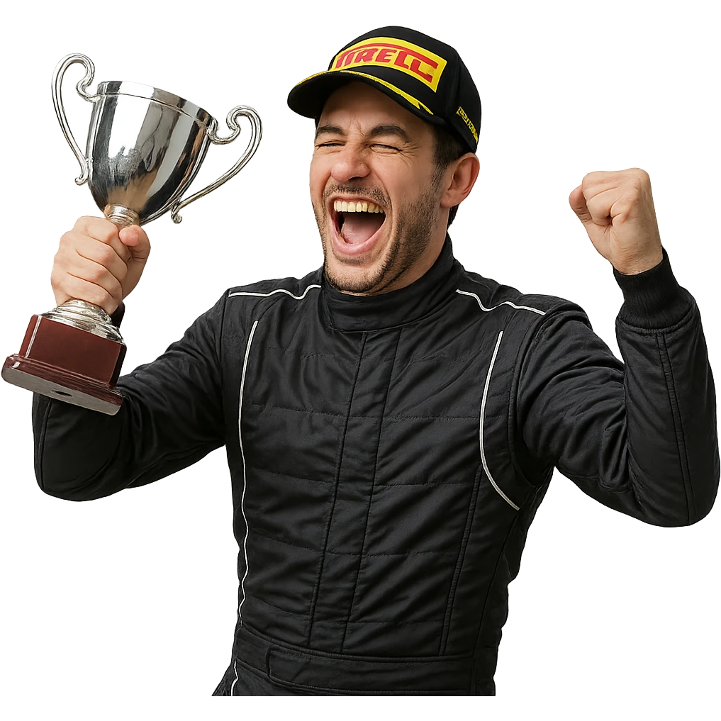 Formula 1 driver celebrating with a trophy, joyful expression, racing suit emoji