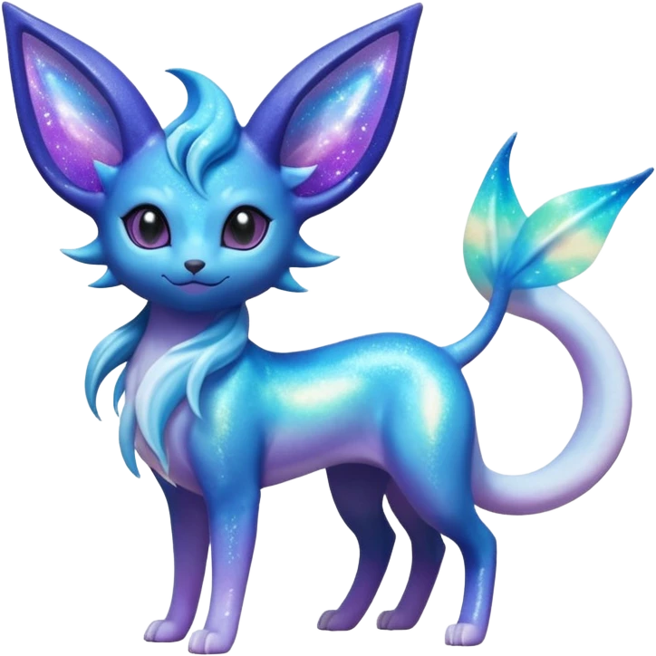 Shiny Iridescent Sparkly Nebulae Espeon-Lumineon-Vaporeon-Amaura-Glaceon-Dragonair-Fakémon-hybrid-creature (full body)  with a galaxy-dust-flowing-gradient-tail emoji