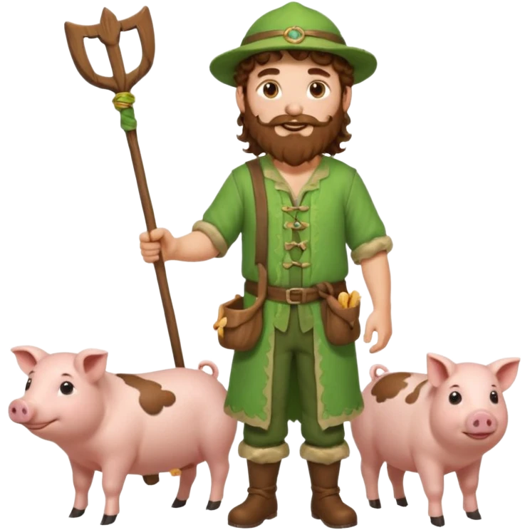 happy young shepard with long curly brown beard and long curly brown hair, in green magical outfit, with wooden shepard stick in hand, taking care of pigs emoji