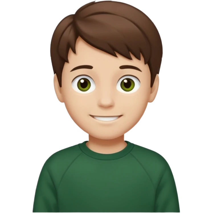 a smiling boy with brown hair and white skin he has dark eyes and he is wearing a dark green sweatshirt emoji