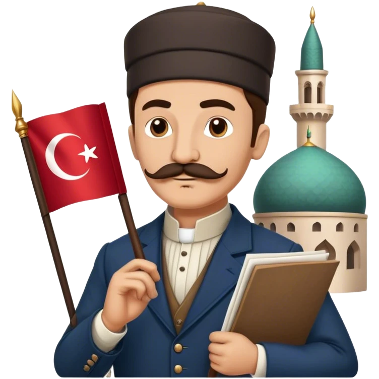 "A dignified historical poet with a mustache, wearing an Ottoman-era suit, holding a quill and paper, with the Turkish flag in the background, a mosque silhouette behind him, and a determined expression on his face." emoji