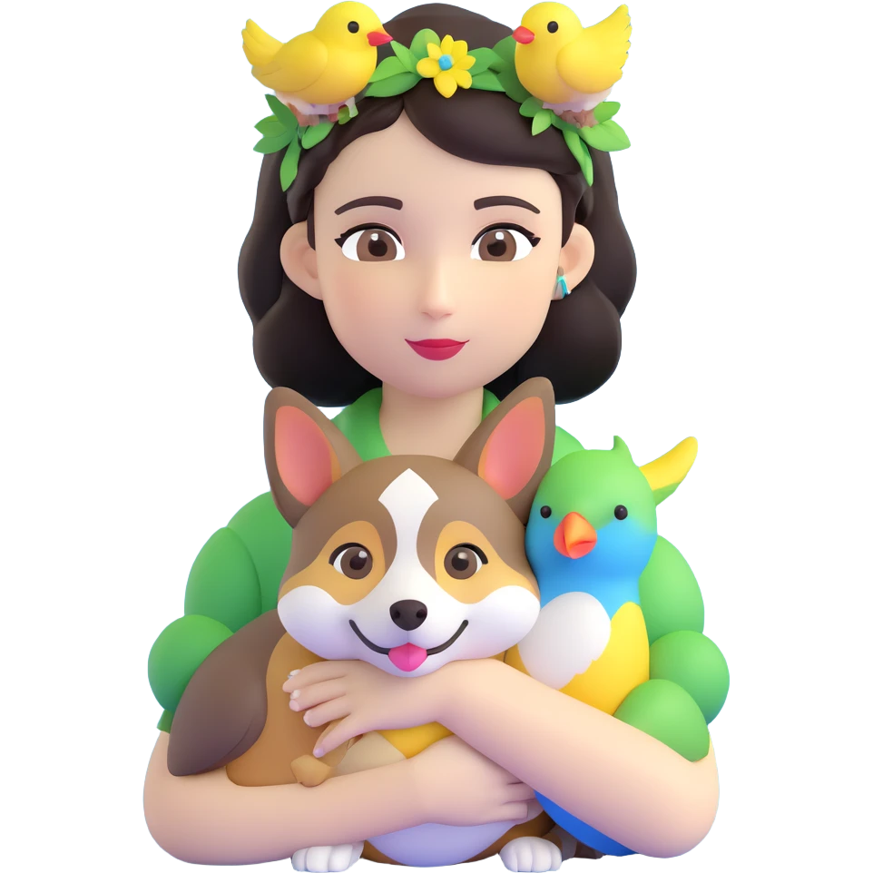 Dark short hair, dark brown eyes with pale skin and thin eyebrows girl hugging a welsh corgi. And a green-reddish lovebird on her head with yellow, blue love birds around her. emoji