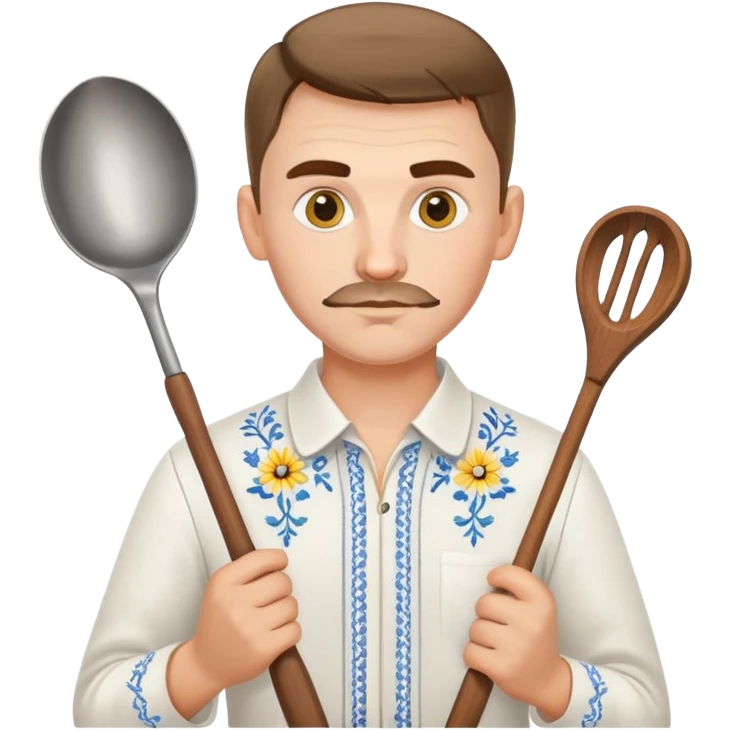 Ukrainian man in traditional white embroidered shirt holding a ladle and kitchen shears emoji