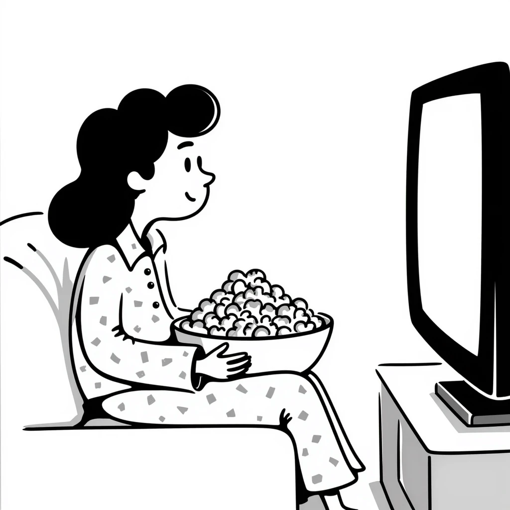 Hand-drawn person in pajamas watching movie at home with a big bowl of popcorn, tv light glowing emoji