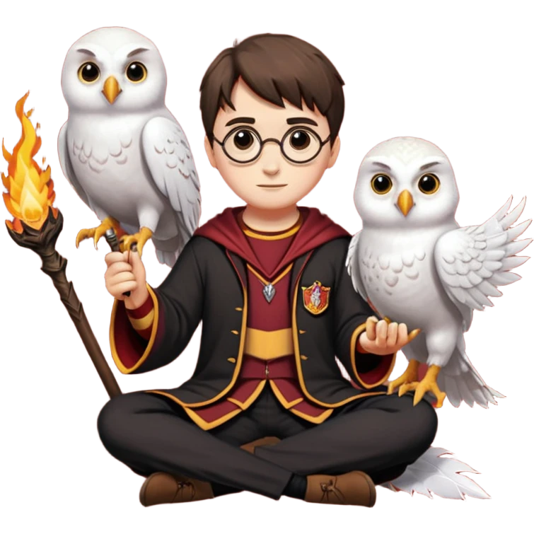 harry potter in gryfinndor uniforn sitting on firebollt hedwig sitting on hand emoji