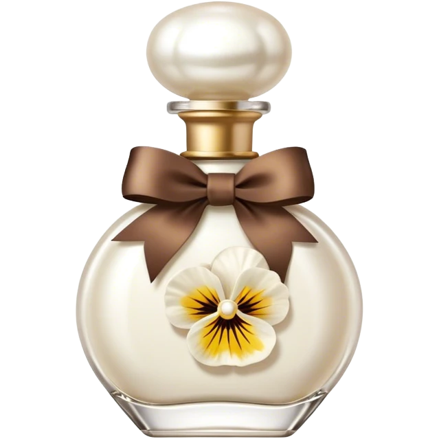 pearl white perfume bottle in vintage style and ivory colored pansies and brown bow emoji