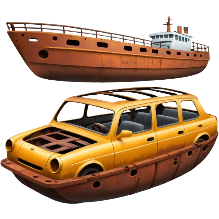 Автомобиль распиленный пополам, плывет на корабле  emoji