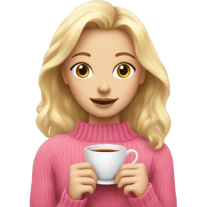 blonde hair girl holding a tea and pink jumper on emoji