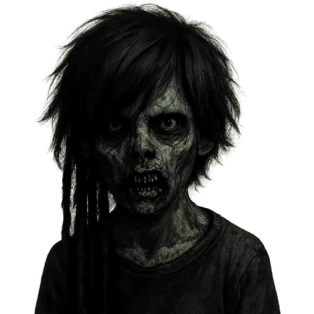 boy zombie with black medium-long emo shaggy hair and dreads, dark and spooky, creepy expression emoji