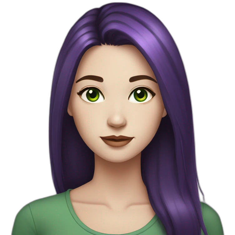 young adult woman with dark hair and purple highlights pale skin green eyes emoji