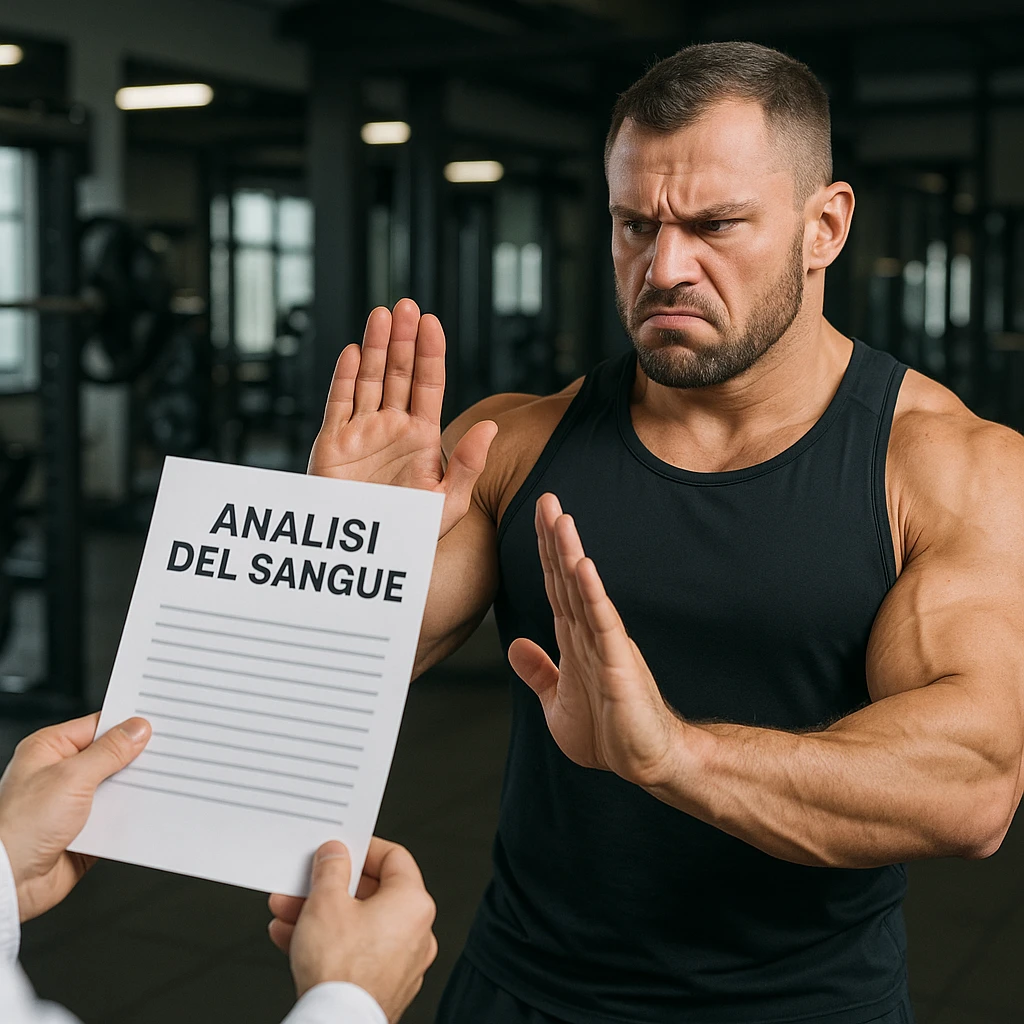 muscular bodybuilder in a gym with an annoyed expression, refusing a paper with the text 'Analisi del sangue' offered by a doctor, denial gesture with hand, wearing sportswear, Italian text, 4K quality emoji