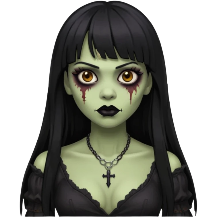 vampira gótica parda zumbi de cabelo longo e preto e franja e roupa com decote e batom preto emoji
