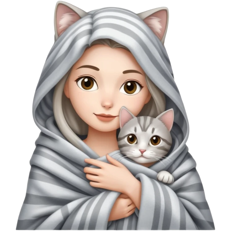 A beautiful woman wrapped in a blanket holding a silver tabby emoji