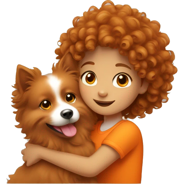 Girl with curly brown hairs hugs orange spitz  emoji