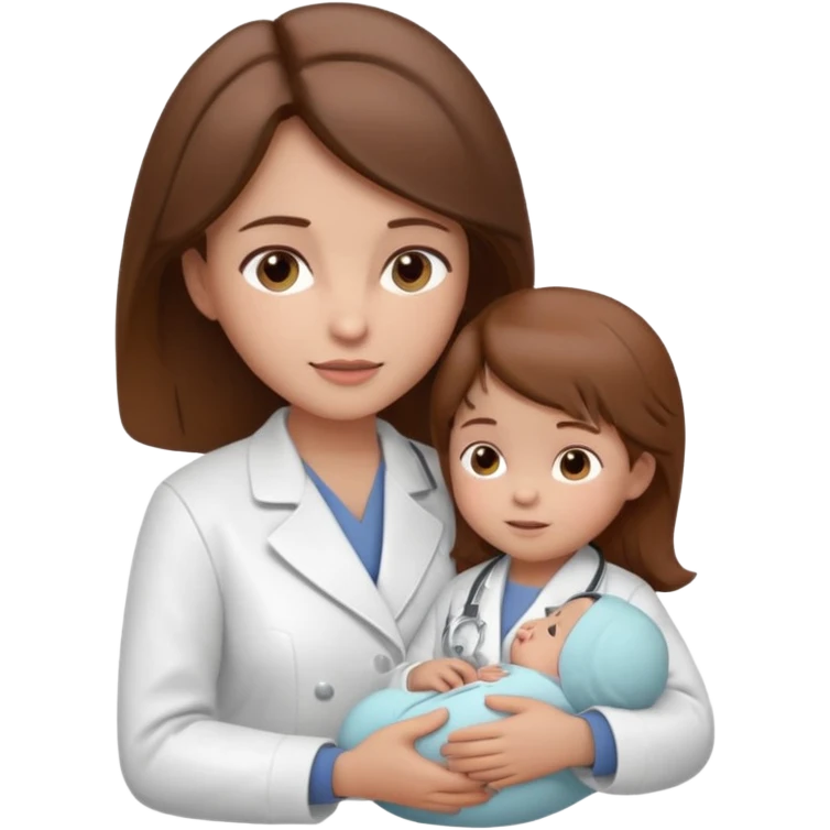 Show a nurse in a white coat, attending to a baby, with a light expression and soft detail typical of modern emojis. The scene should have a clean look, with subtle shadows and soft contours, brown hair, maintaining the 3D cartoon style used in iOS emojis.  emoji