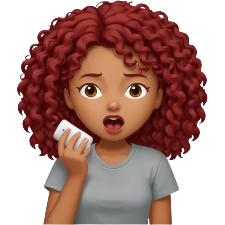 generate a pretty bratz brown skinned girl curly dark red hair, yawning in a grey tshirt bored. emoji