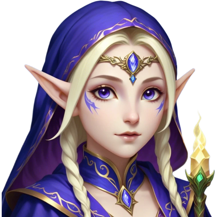 Cinematic Realistic WoW Elf Mage Portrait, head tilted epicly and inquisitively, showcasing a commanding presence and graceful arcane power. Her luminous, porcelain-like skin and delicate features, framed by an intricately detailed robe in deep blues and purples with golden accents, are rendered with lifelike clarity and dramatic, mystical lighting, high shine, epic and awe-inspiring, embodying the timeless magic of an elven mage poised to reshape destiny. emoji